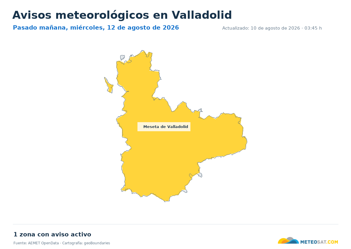 Mapa de avisos meteorol�gicos de AEMET en la provincia de Valladolid para pasado ma?ana