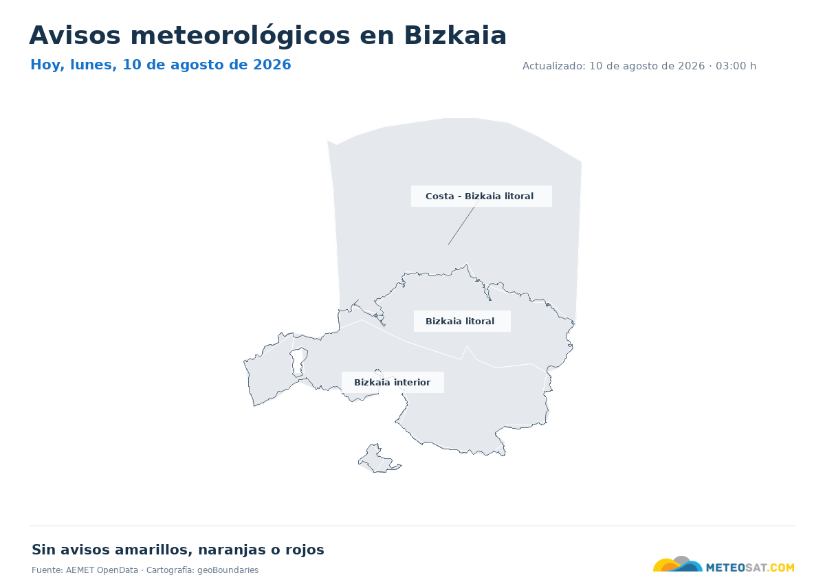 Mapa de avisos meteorol�gicos de AEMET en la provincia de Bizkaia para hoy