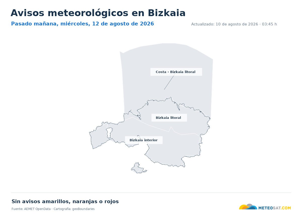 Mapa de avisos meteorol�gicos de AEMET en la provincia de Bizkaia para pasado ma?ana