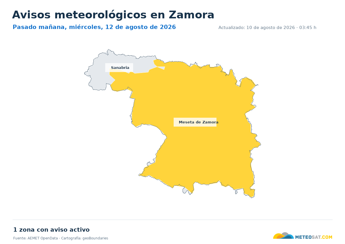 Mapa de avisos meteorol�gicos de AEMET en la provincia de Zamora para pasado ma?ana
