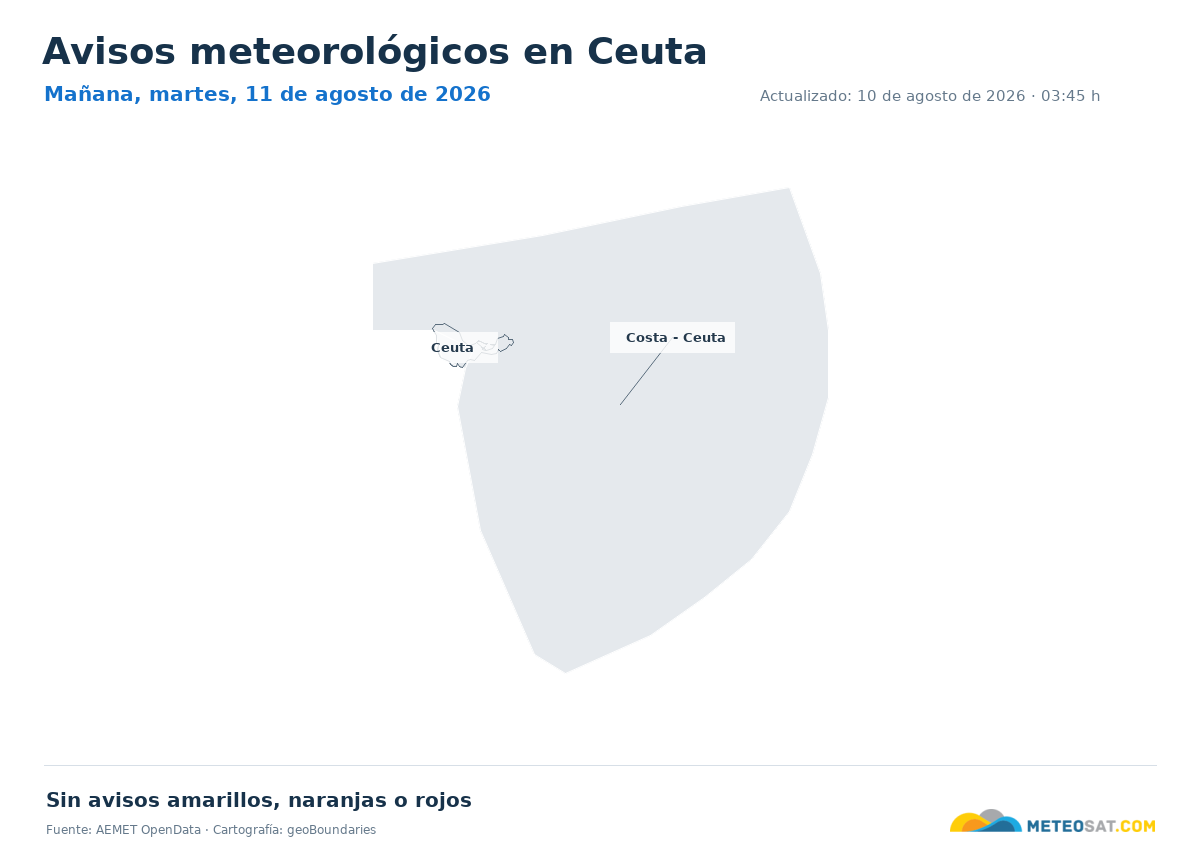 Mapa de avisos meteorol�gicos de AEMET en la provincia de Ceuta para ma?ana