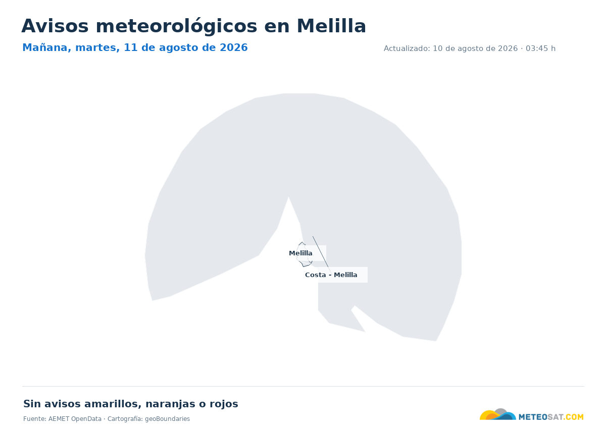 Mapa de avisos meteorol�gicos de AEMET en la provincia de Melilla para ma?ana
