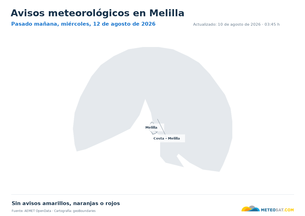 Mapa de avisos meteorol�gicos de AEMET en la provincia de Melilla para pasado ma?ana